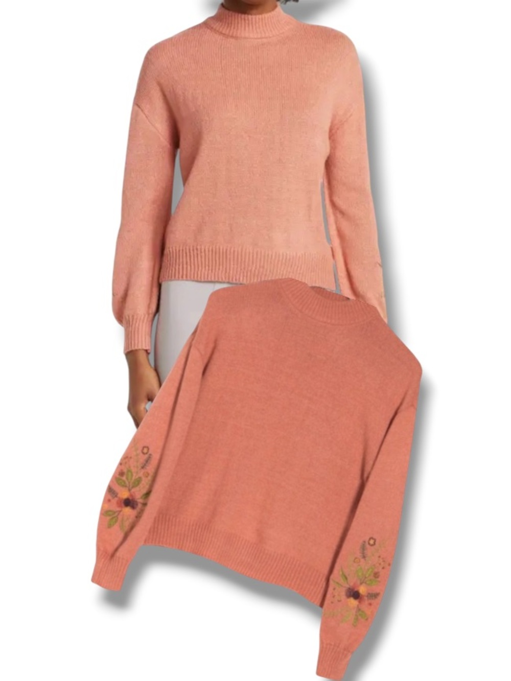 By Design Women’s Rosyln Embroidered Mock Neck Sweater Mauve Rose Dawn Floral